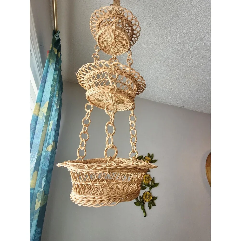Vintage Handwoven Rattan Hanging Basket 3-Tier Organizer